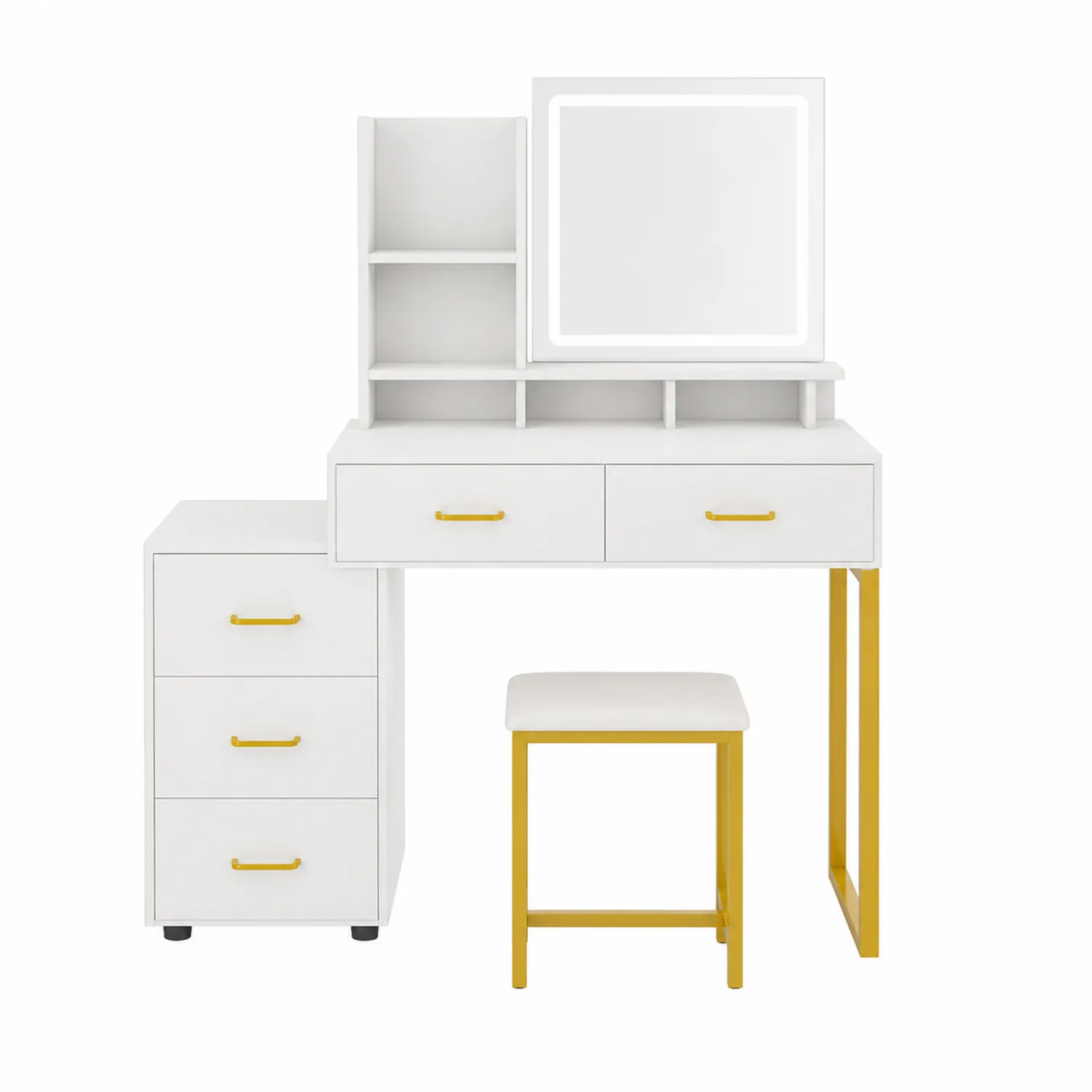 Coiffeuse en Bois et Métal avec Miroir LED et Tabouret - Blanc et Or