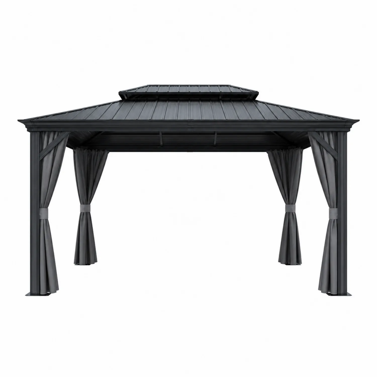 Pavillon de jardin en aluminium avec toit rigide et rideaux en polyester 350x350x270 cm Noir