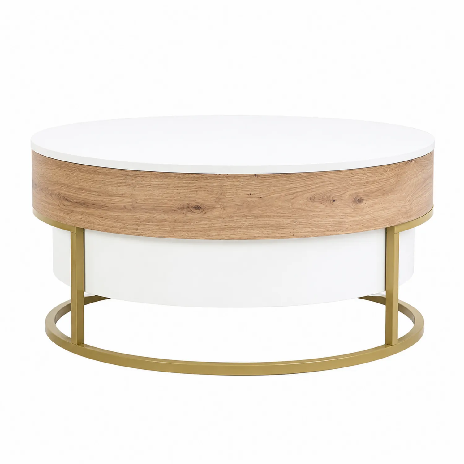 Table basse ronde en MDF et métal avec finition chêne
