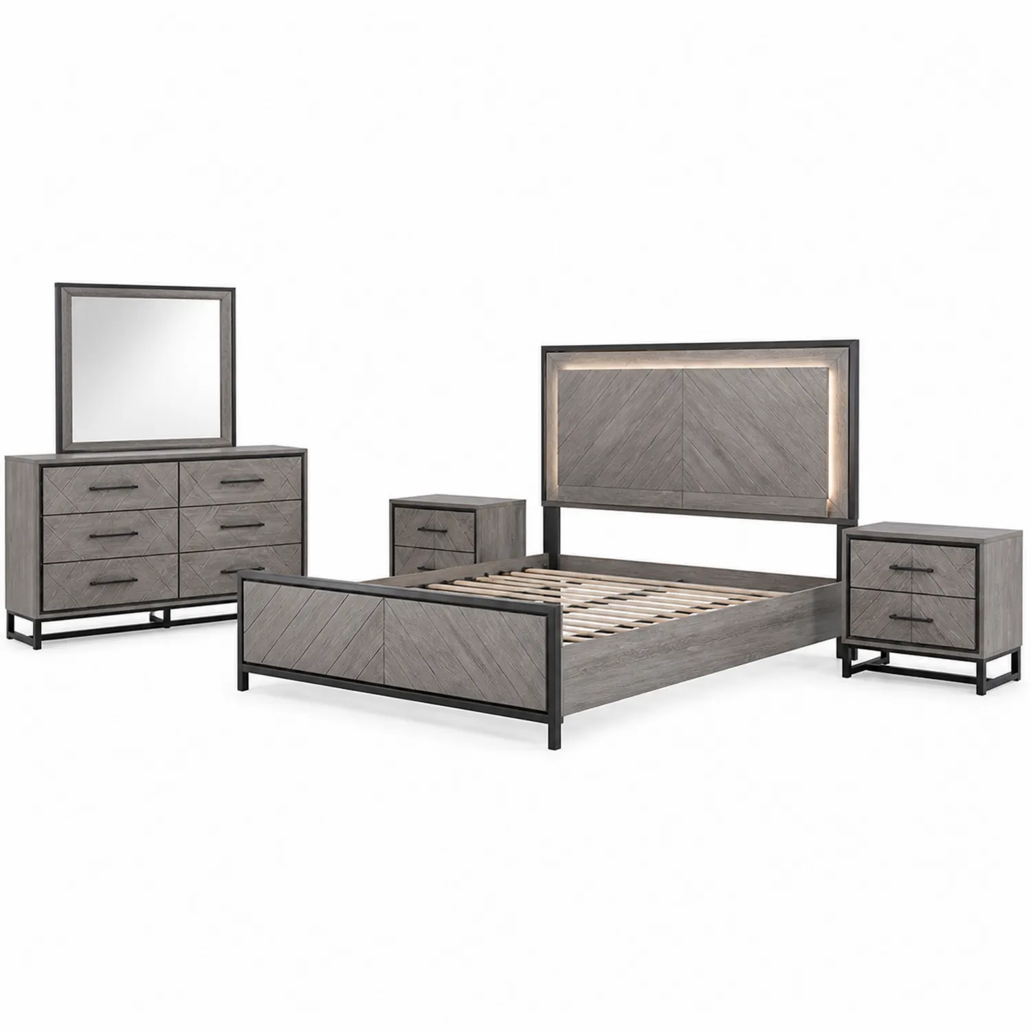 Ensemble de chambre en bois et métal gris avec lit double 160x200 cm