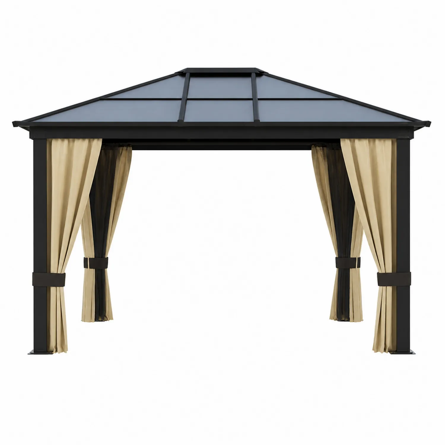 Pavillon de jardin en aluminium avec toit en polycarbonate et rideaux beiges