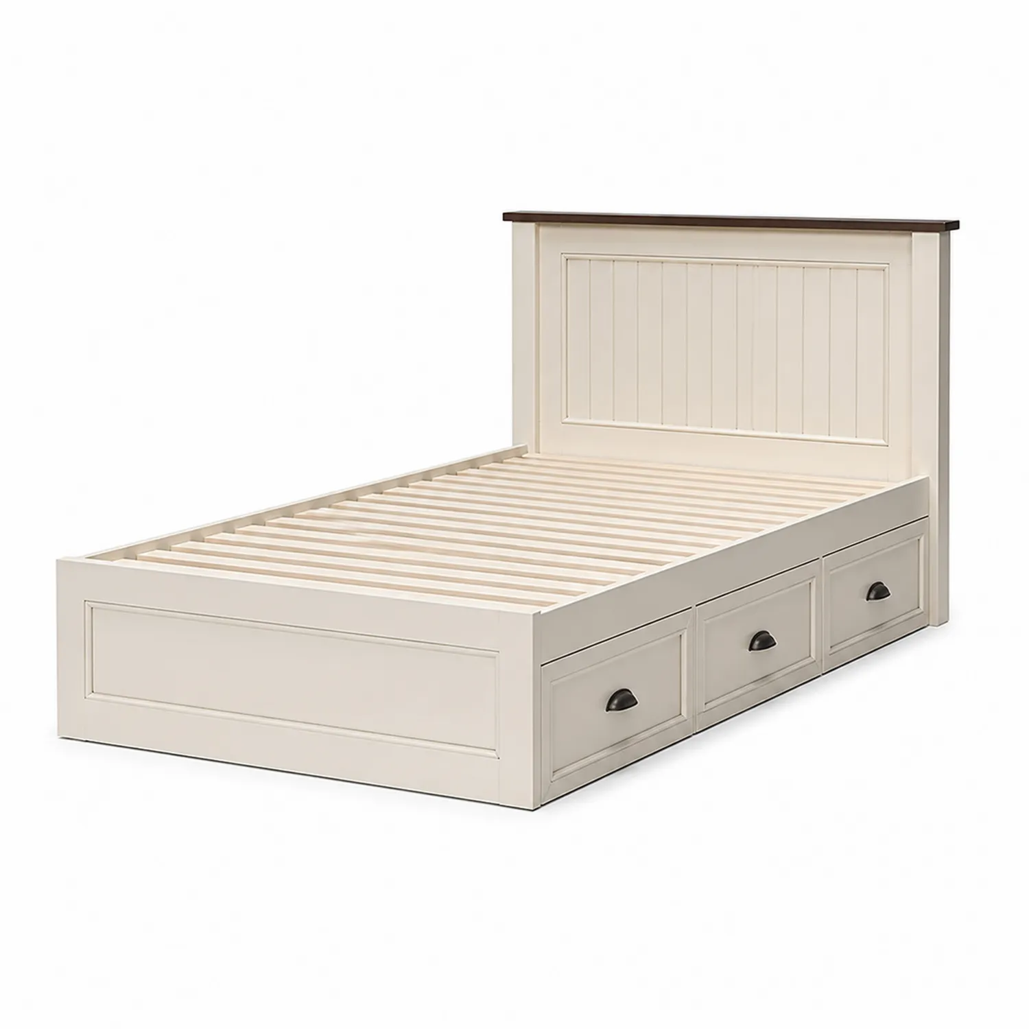 Lit simple en bois avec tiroirs intégrés Crème