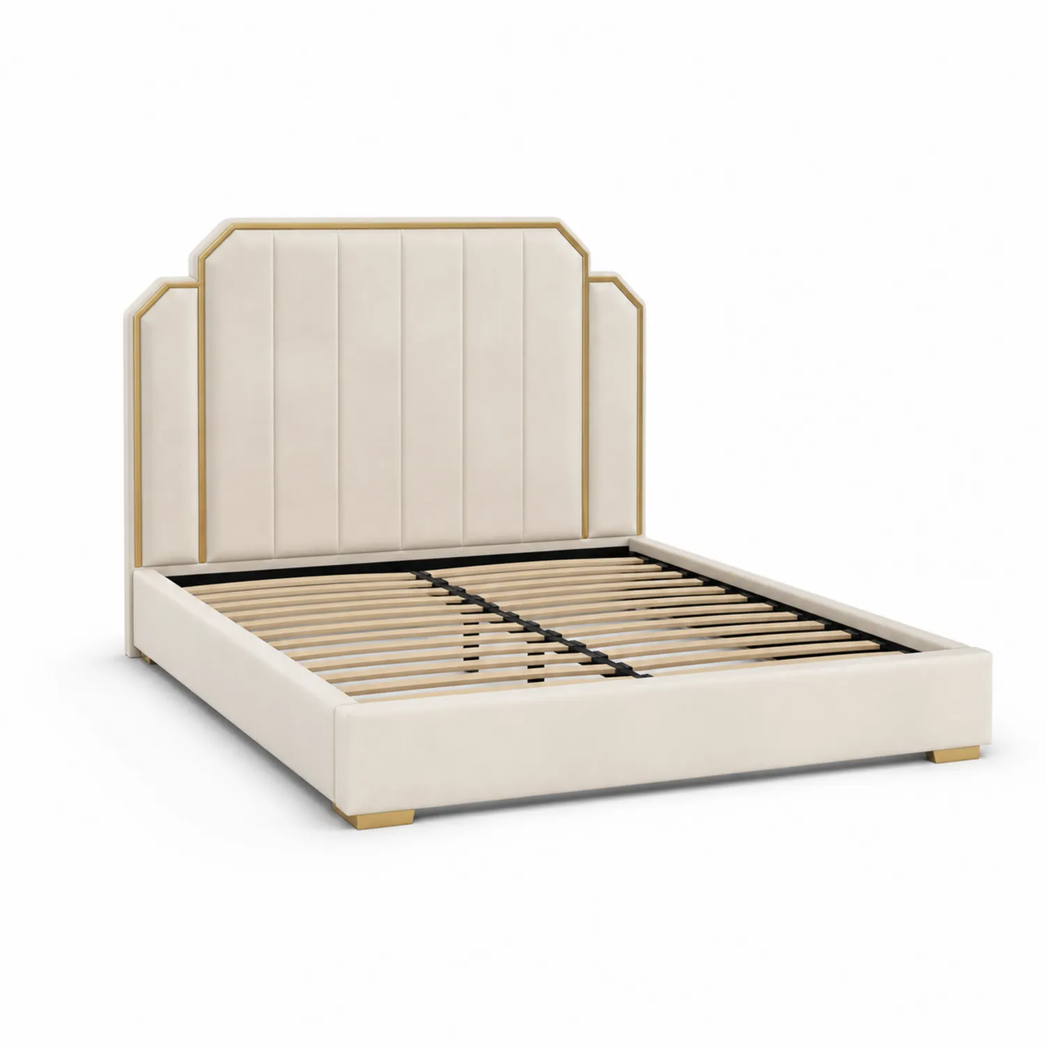 Lit double en tissu beige avec tête de lit géométrique et cadre en métal 200x160 cm