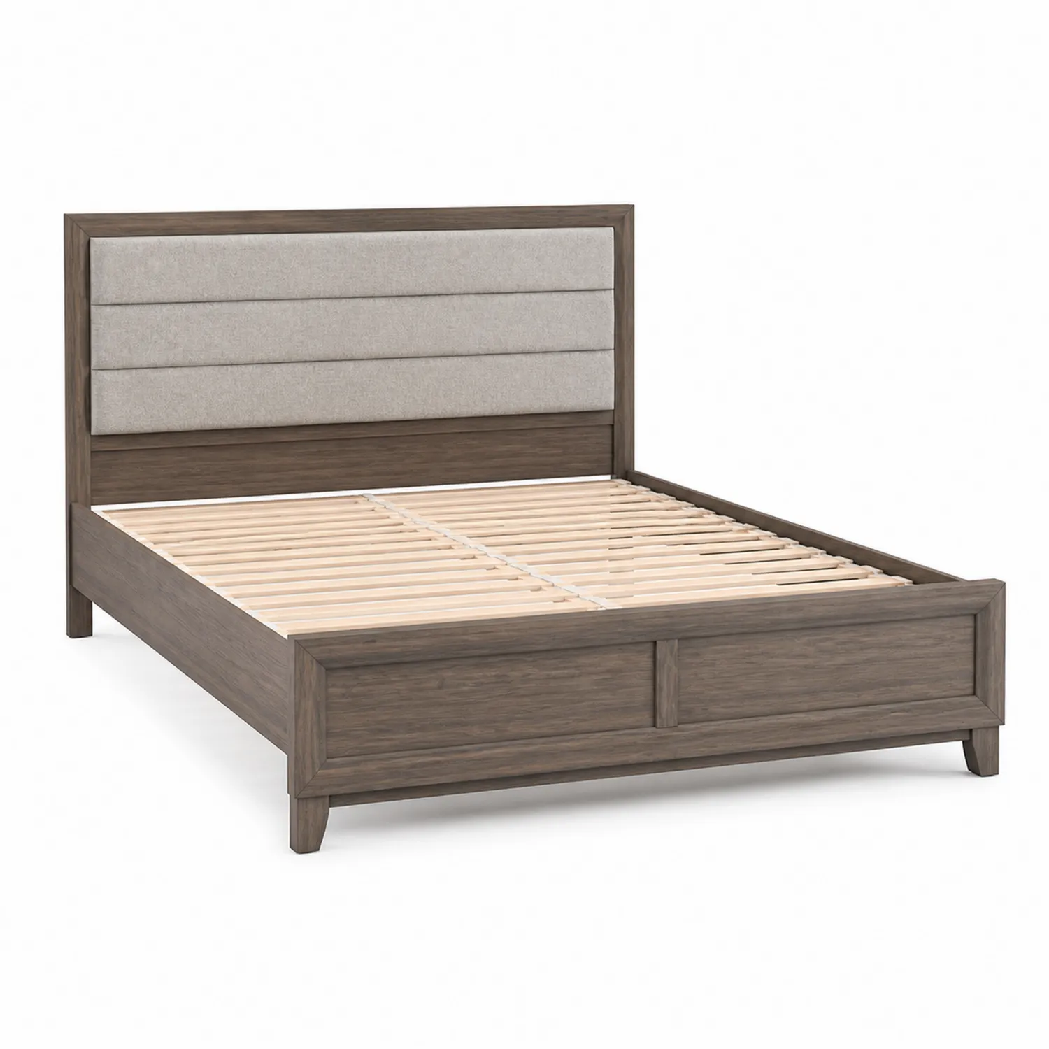 Lit double en bois de chêne avec tête de lit en tissu polyester
