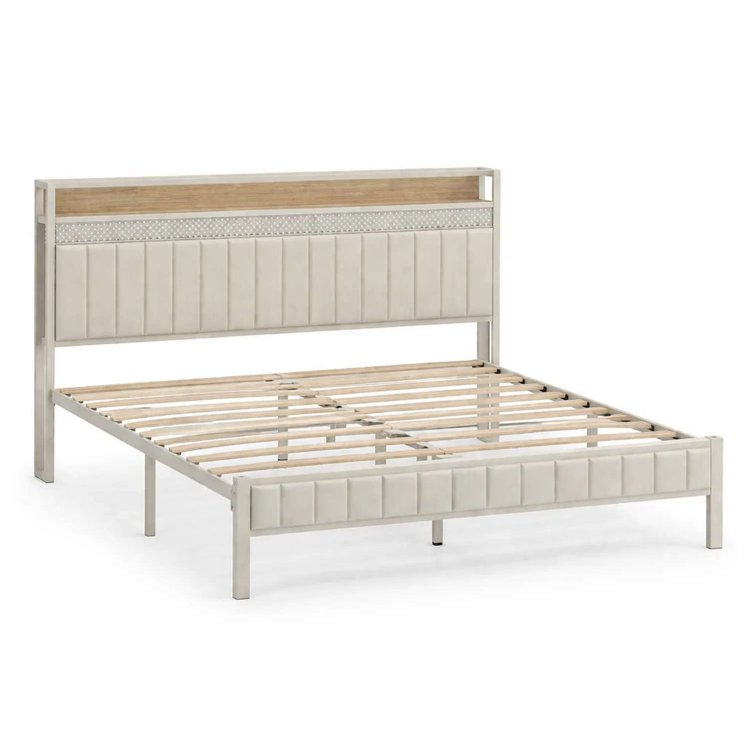Cadre de lit en métal et cuir synthétique avec tête de lit en bois 200x160 cm Beige