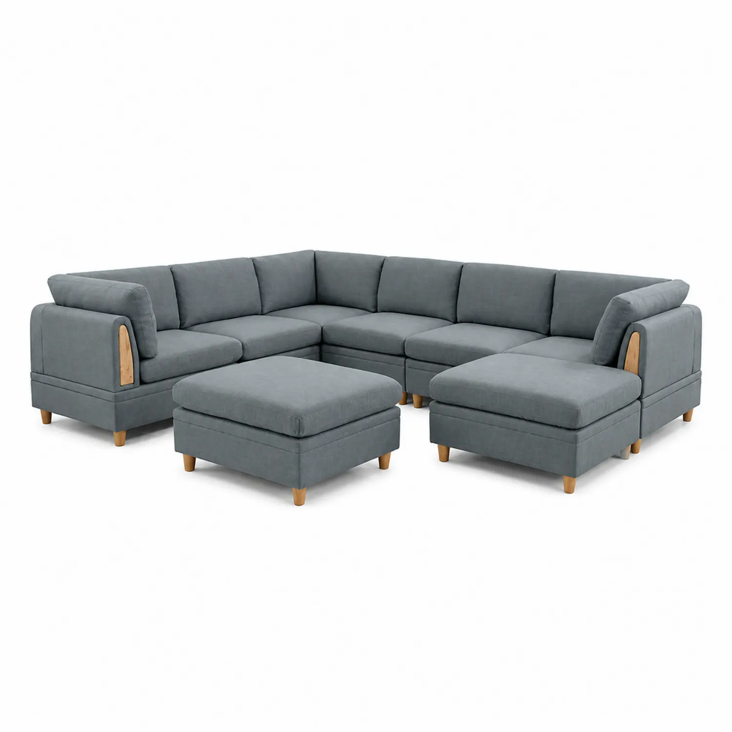 Canapé modulaire en U 7 places tissu gris pieds en bois