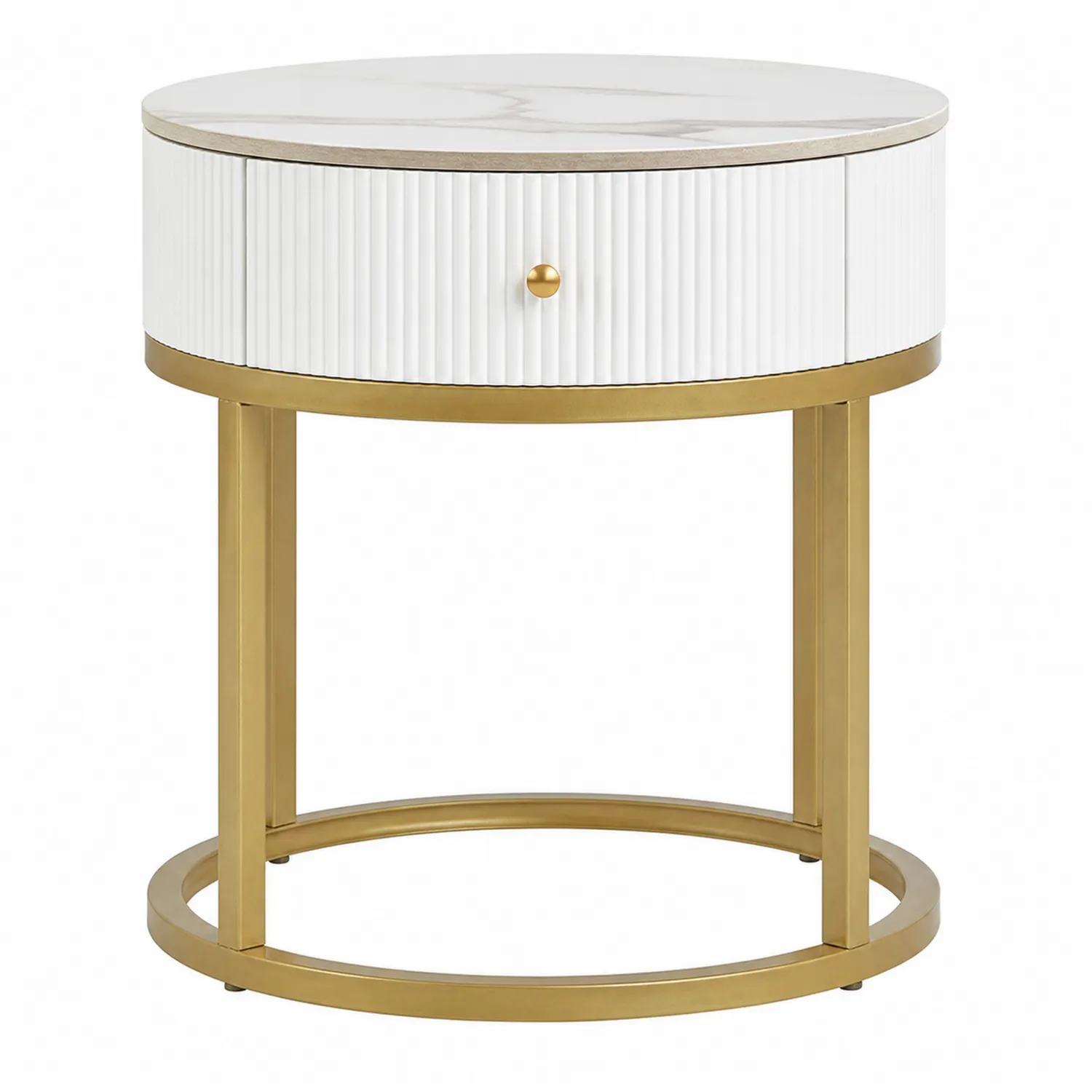 Table basse ronde en marbre et métal doré avec tiroir