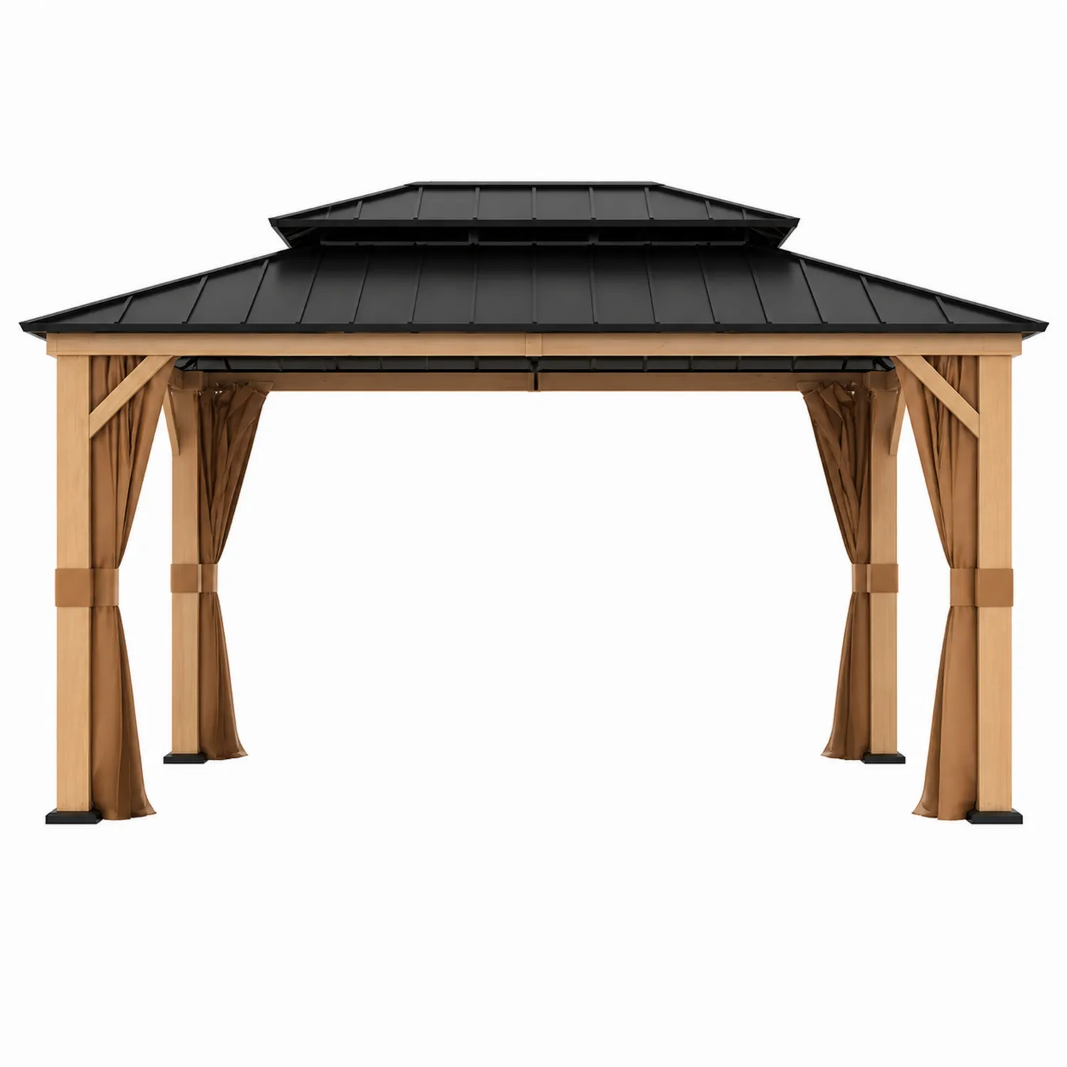 Pavillon de jardin en bois avec toit en métal 300x400x270 cm avec rideaux