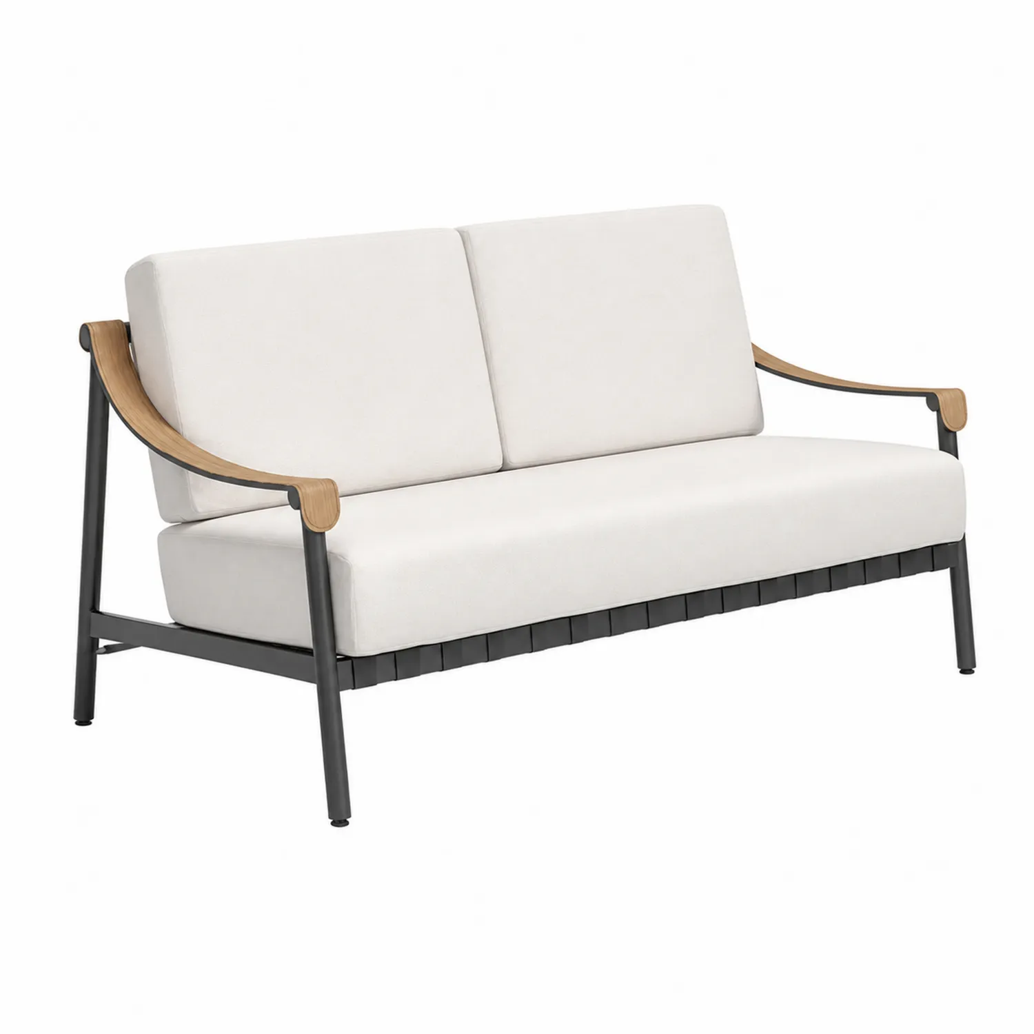 Canapé de jardin en métal avec accoudoirs en bois et coussins en polyester