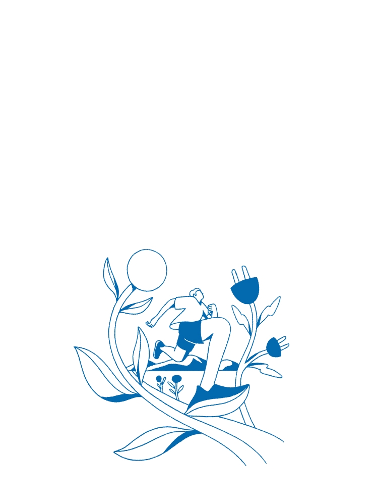 Blue line art of person running among stylised plants with plug and circle flowers.