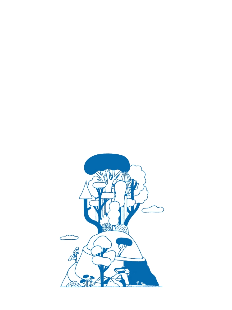 Blue line art illustration of a hill covered in abstract trees with a person running.