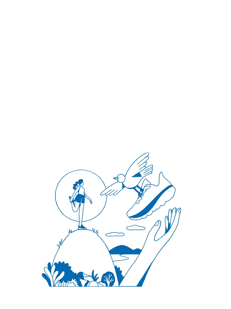 Person stretching on hill, bird carrying shoe, hand reaching up in nature.