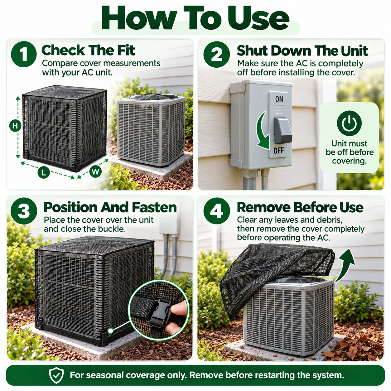 Four steps for fitting the cover while the unit is off and removing it before use