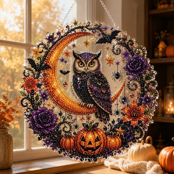 🔥Last Day 50% OFF-🎃Halloween Black Cat Moon Diamond Art Hanging Ornament Kit