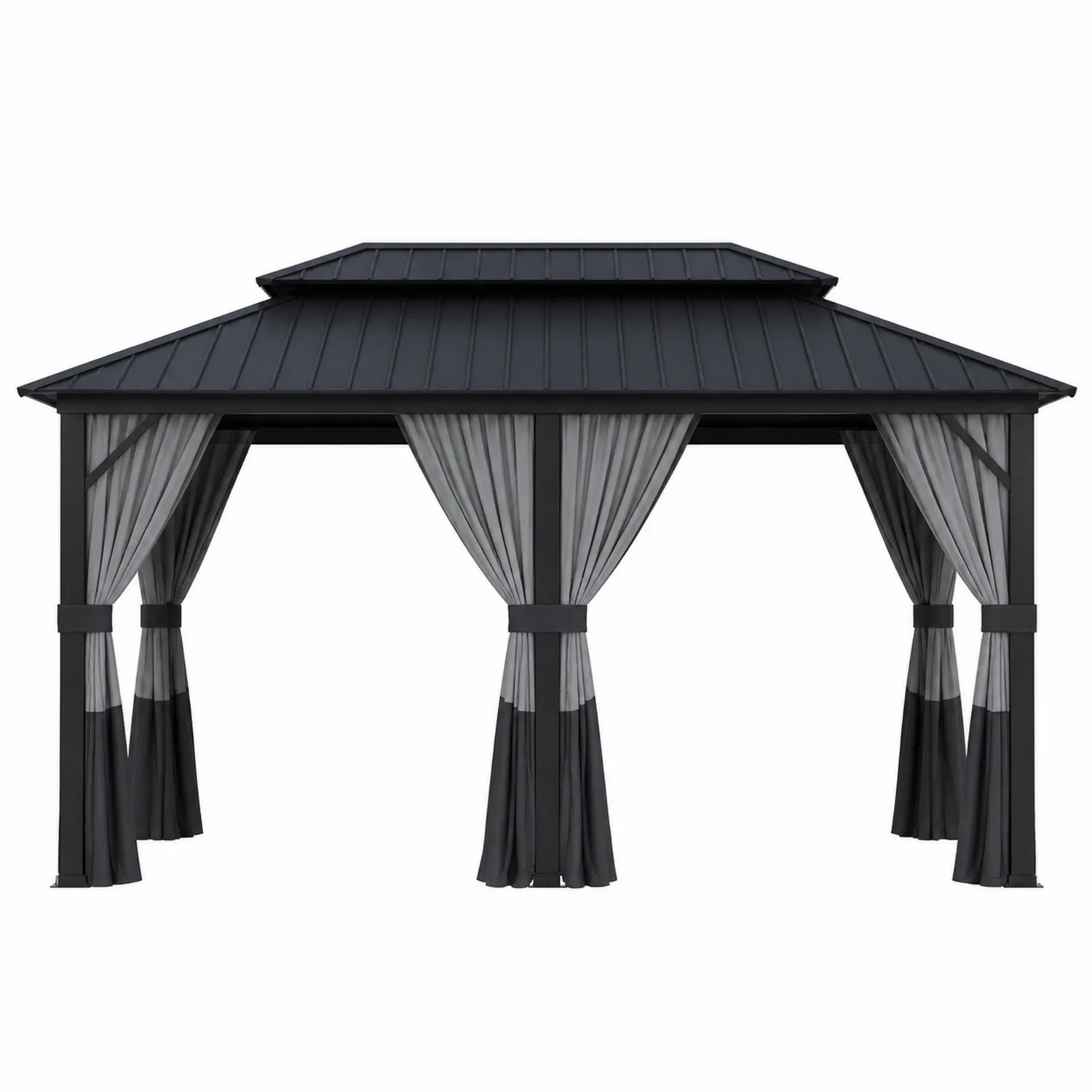 Altana prostokątna z metalowym dachem i zasłonami 300x400 cm Czarna Stal i Poliester