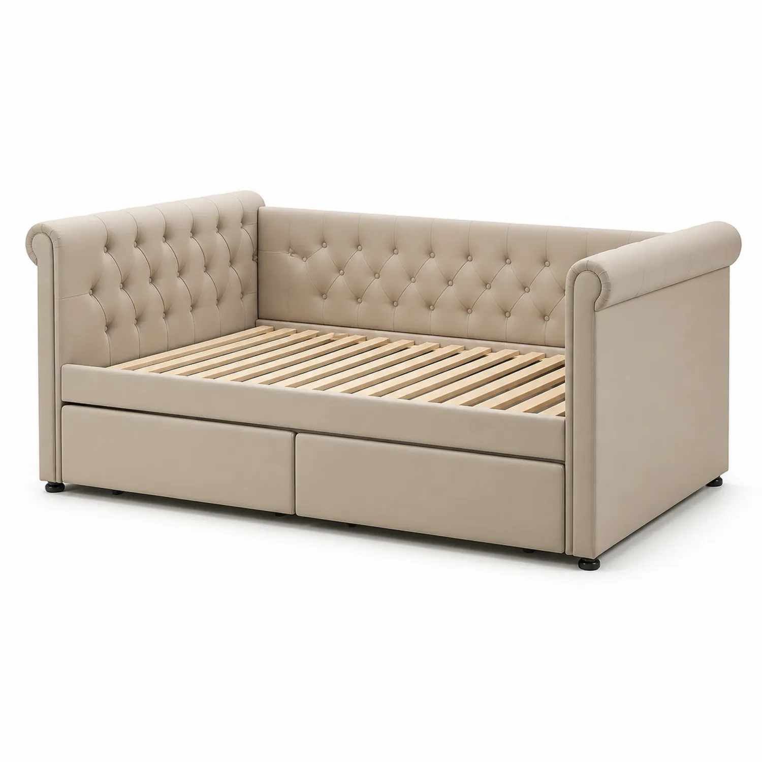 Sofa łóżko z ekoskóry beżowa z szufladami 200x90 cm