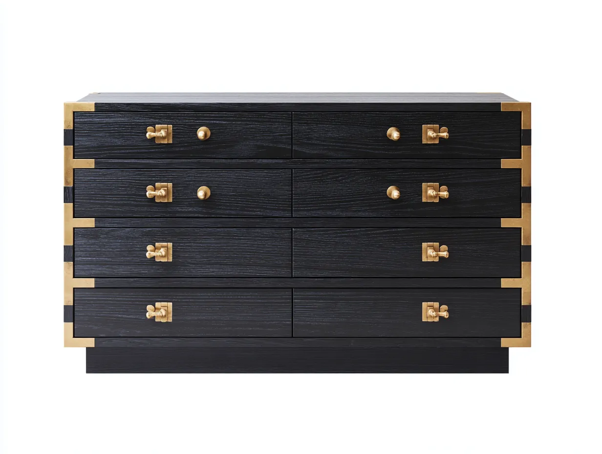Cómoda de madera 140x45x90 cm - negro y dorado - 8 cajones para dormitorio