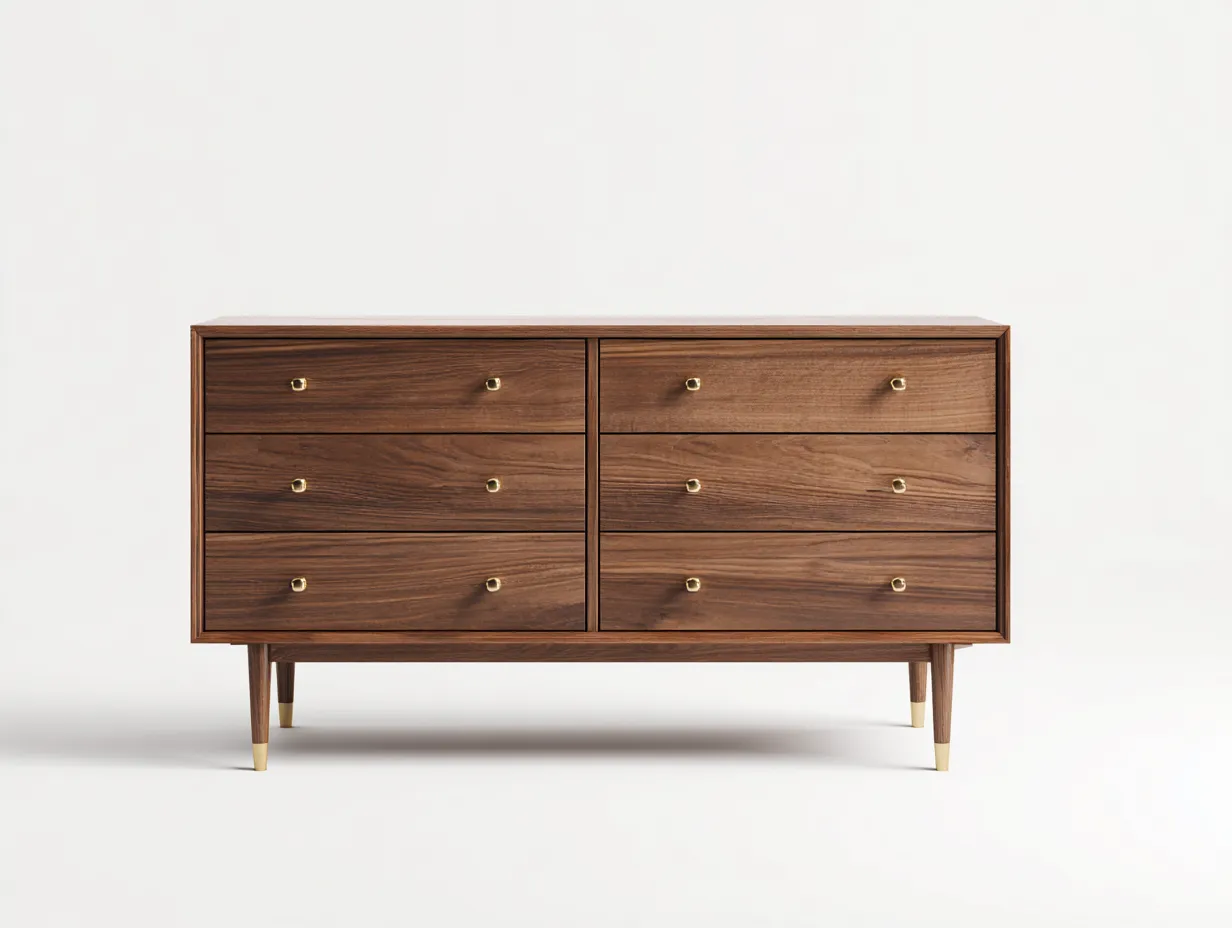 Cómoda de dormitorio de madera 136x45x84 cm - nogal natural y dorado - 6 cajones de líneas depuradas