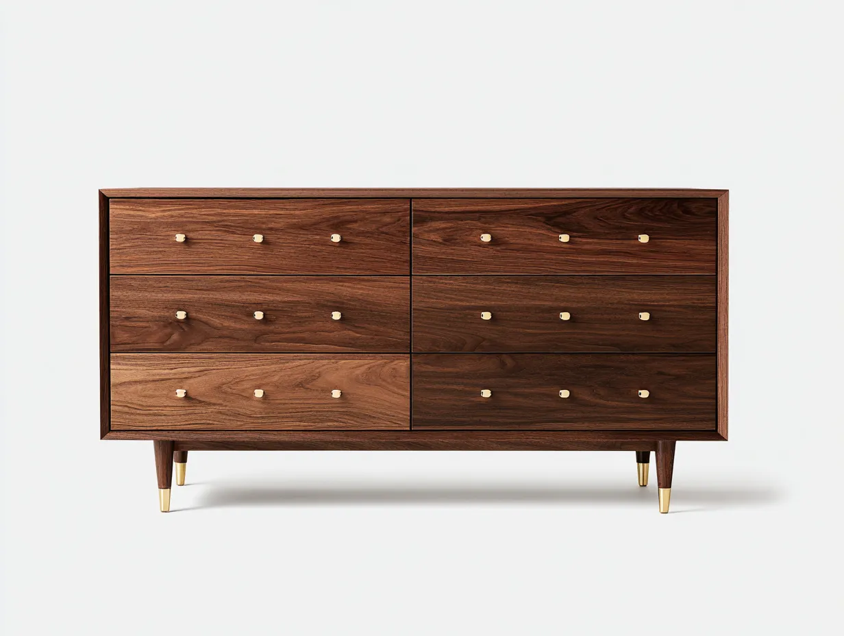 Cómoda de dormitorio de madera 138x46x86 cm - nogal oscuro y dorado - 6 cajones de inspiración retro