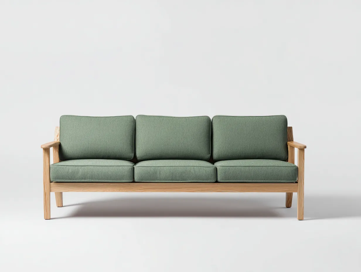 Sofá de exterior de 3 plazas de madera y tela 198x78x82 cm - verde salvia y madera natural - para uso exterior - diseño recto con cojines desenfundables