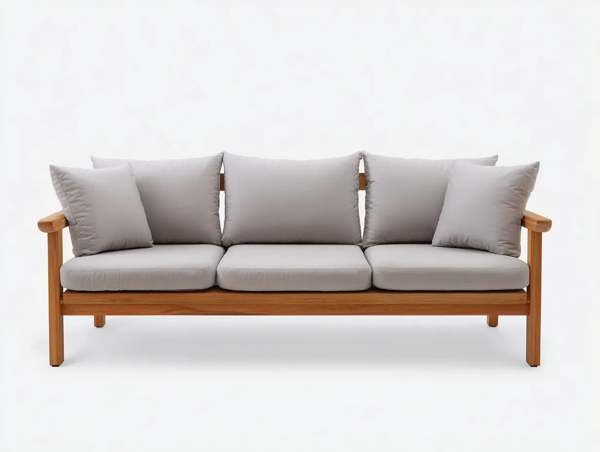 Sofá de exterior de 3 plazas de madera y tela 199x81x80 cm - gris perla y madera cálida - para jardín y terraza - diseño abierto con cojines de apoyo