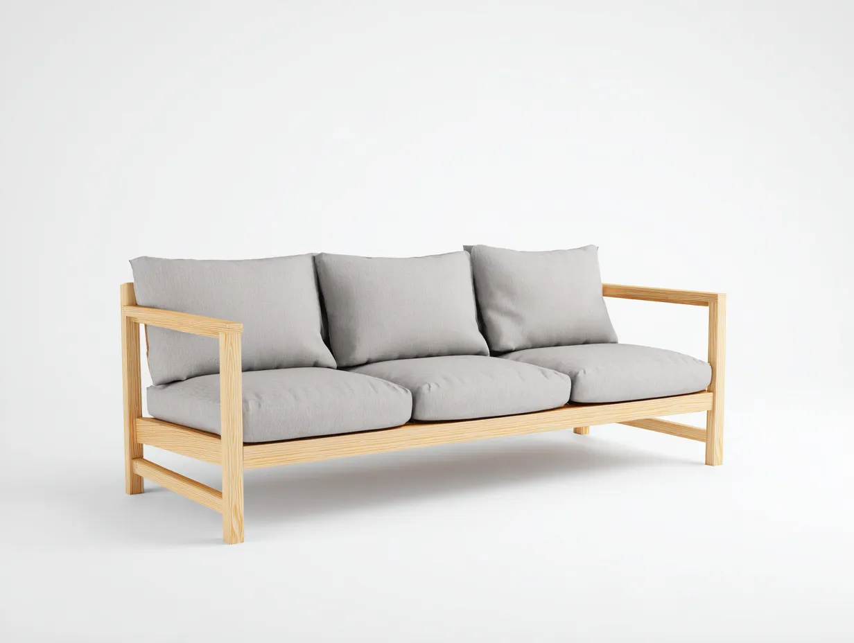 Sofá de exterior de 3 plazas de madera y tela 197x80x79 cm - gris nube y madera natural - para terraza y jardín - estructura abierta con cojines mullidos