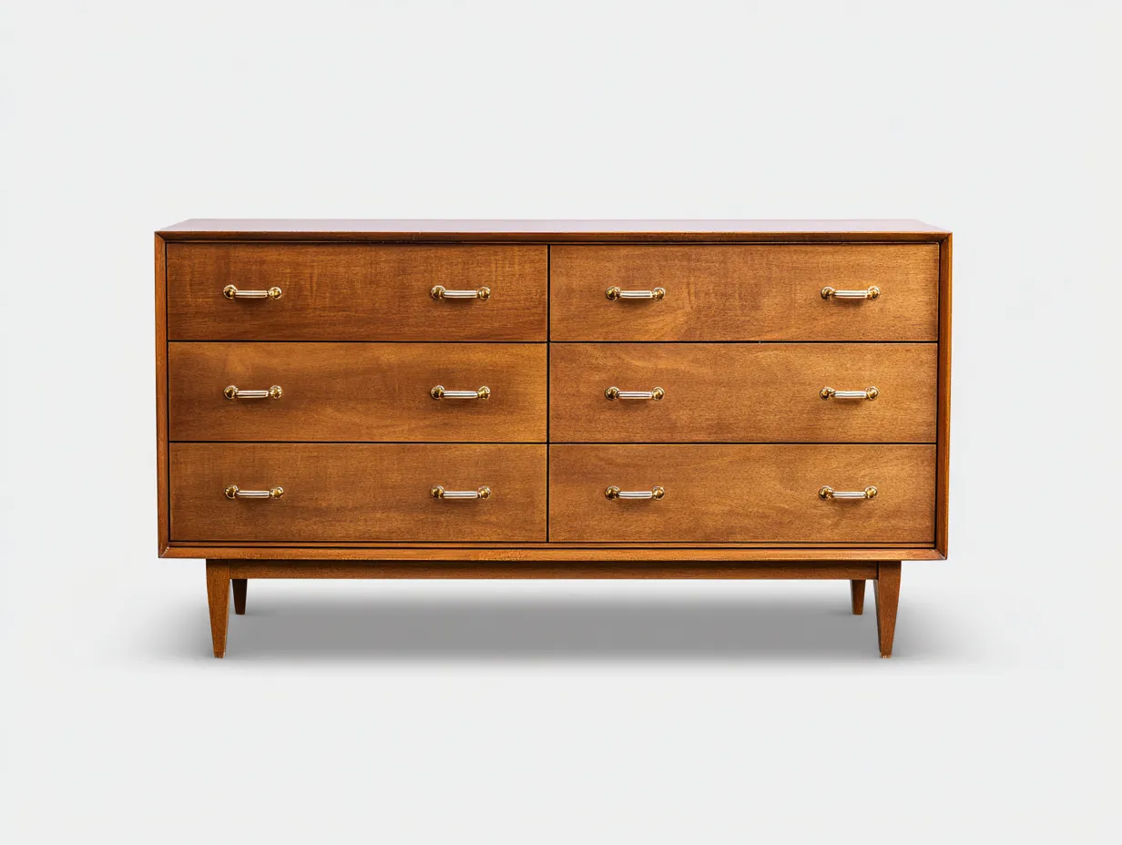 Cómoda de dormitorio de madera 135x45x88 cm - nogal miel - 6 cajones con tiradores dorados