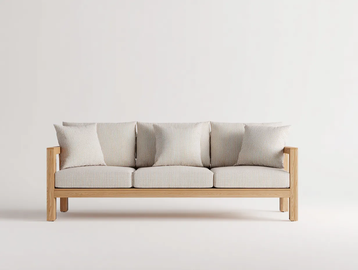 Sofá de exterior de 3 plazas de madera y tela 196x79x81 cm - beige arena y madera clara - para patio y terraza - estructura abierta con cojines amplios