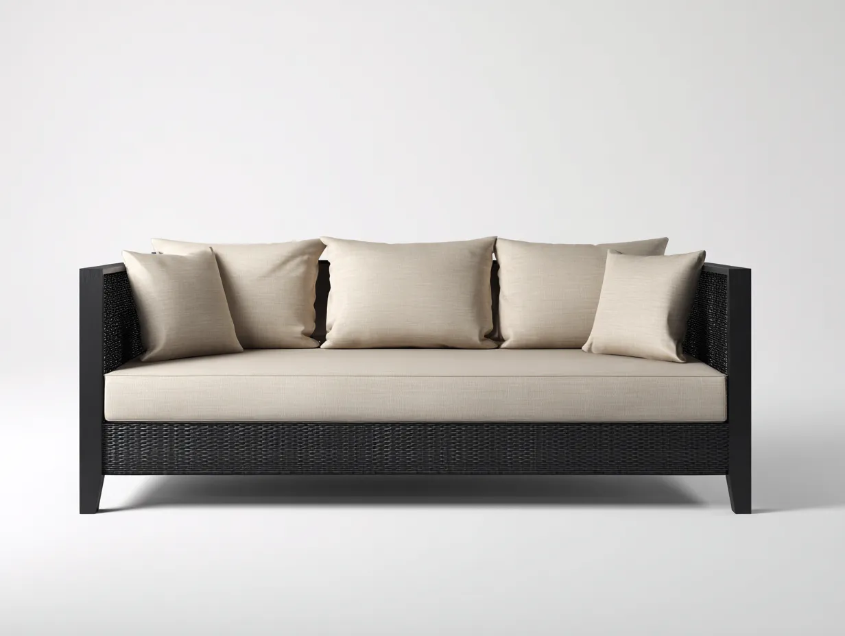 Sofá de exterior de 3 plazas en ratán sintético 192x80x78 cm - beige y negro - para terraza y jardín - estructura recta con asiento amplio