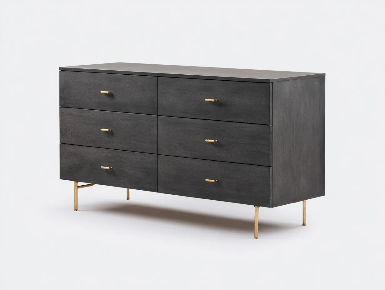 Cómoda de dormitorio de 6 cajones 122x44x84 cm - grafito oscuro y dorado - diseño contemporáneo elevado