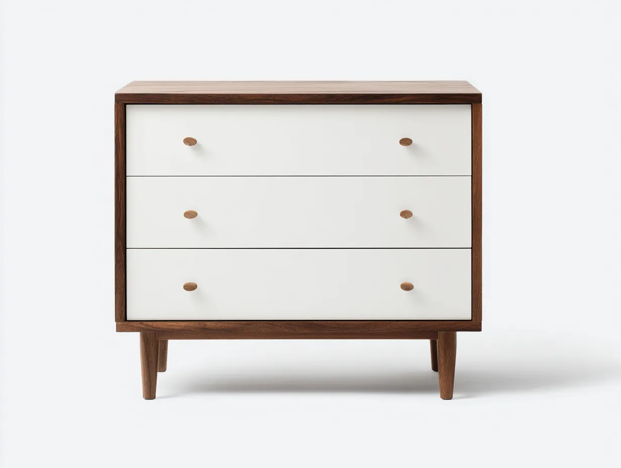 Cómoda de dormitorio de madera 90x42x88 cm - blanco roto y nogal - 3 cajones de estilo nórdico