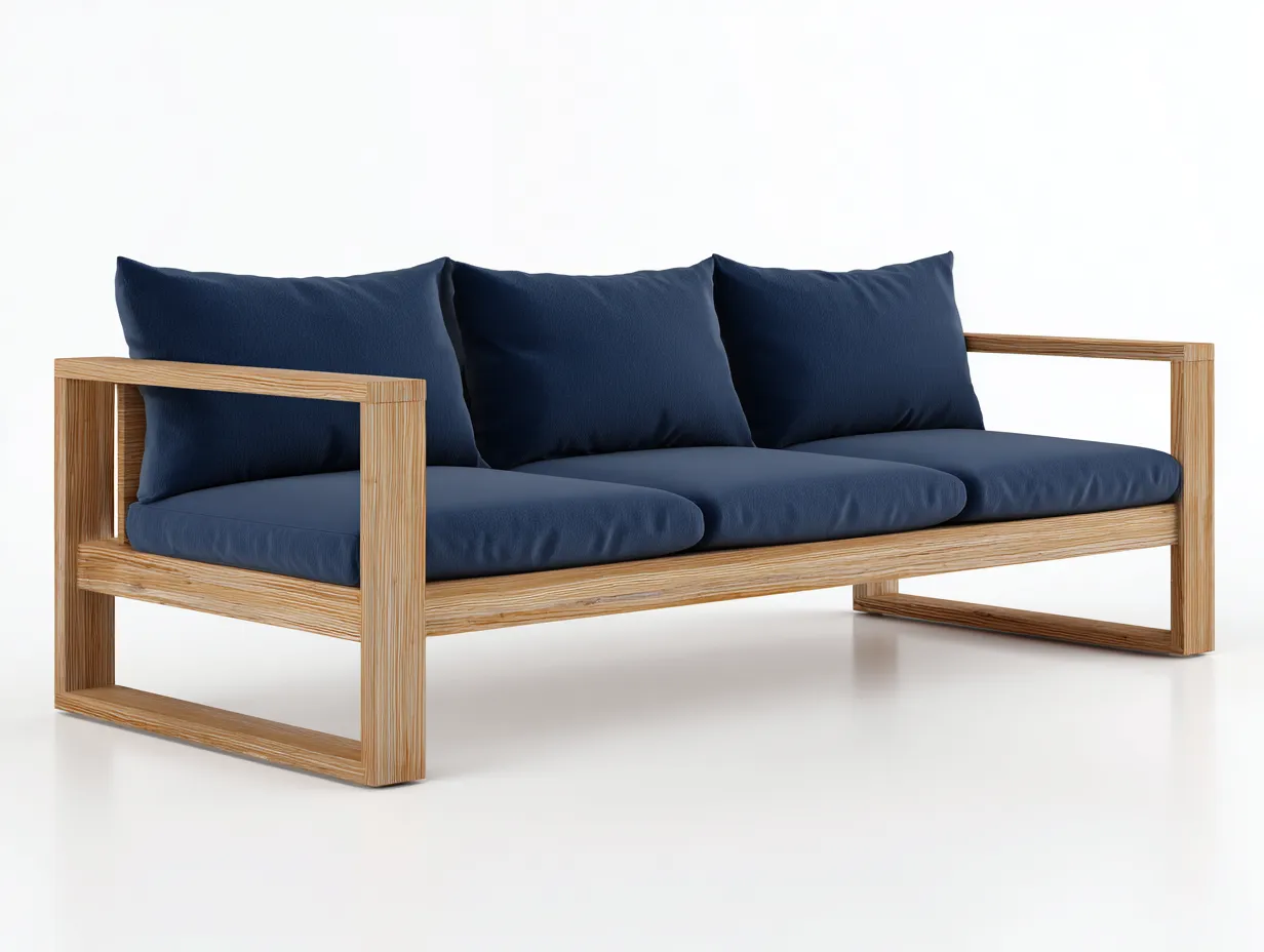Sofá de exterior de 3 plazas de madera y tela 201x80x79 cm - azul marino y madera natural - para terraza y porche - estructura abierta con cojines amplios