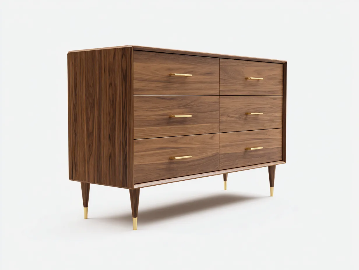 Cómoda de dormitorio de madera 134x44x87 cm - nogal medio y dorado - 6 cajones con diseño elevado