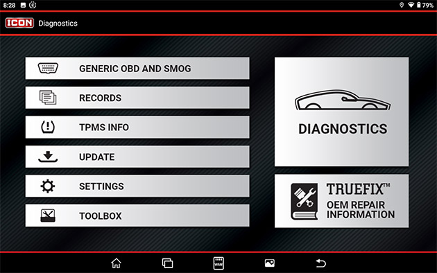 Main Home Screen featuring Diagnostics, Previous Records, Updates and Settings Buttons.