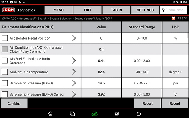 Read Data is a live data stream showing real-time values and units of the Parameter Identifications (PIDs) with the ability to record.