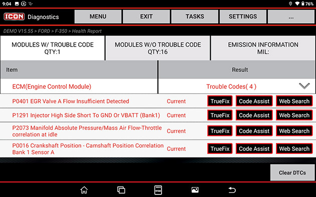 An all system scan provides a fast and efficient method to scan all modules and all systems for trouble codes. After the all system scan finishes, the results are listed in 3 tabs: 1. Trouble Codes, 2. Working Modules, 3. Emissions