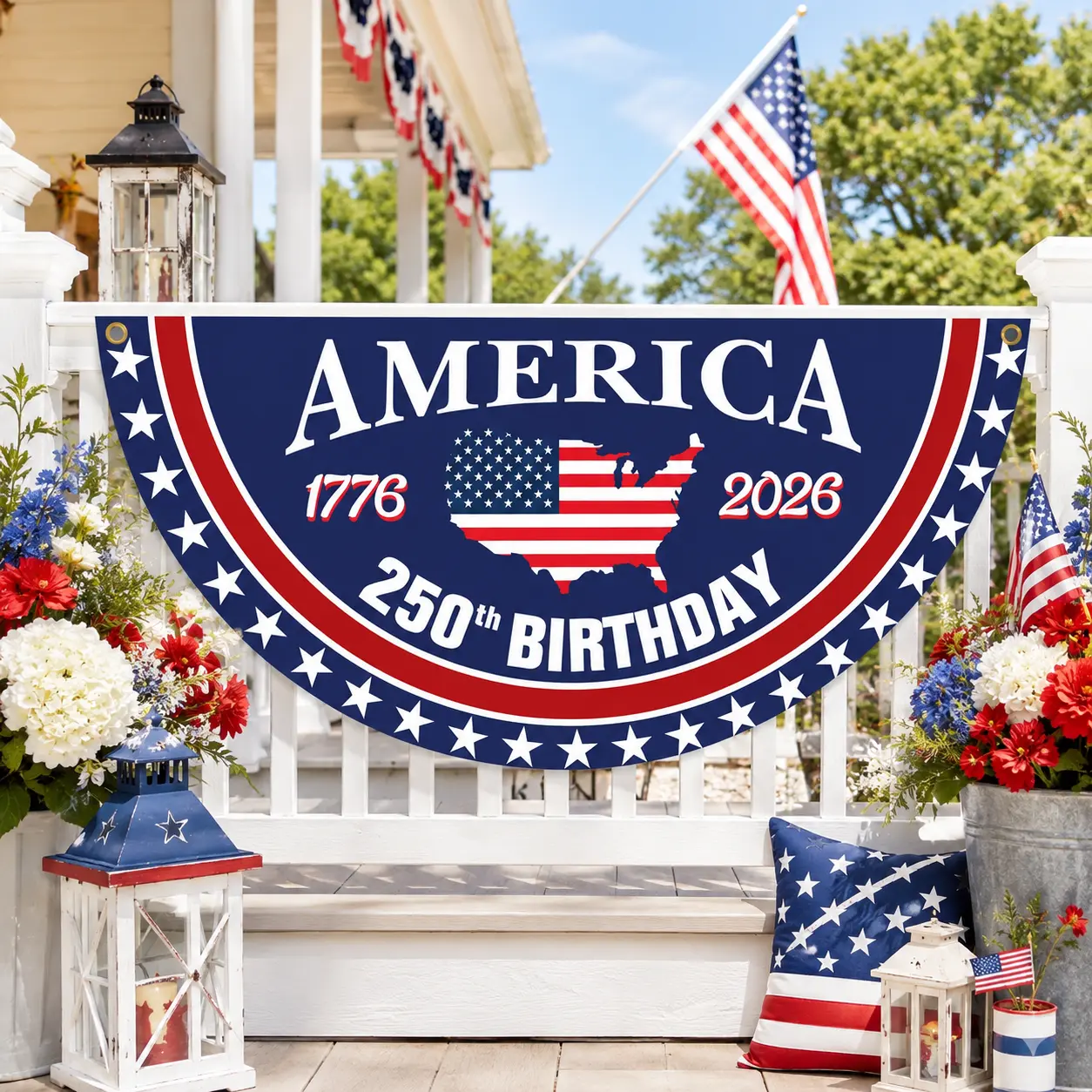 America 250th Birthday Bunting Flag, 1776 2026 USA Patriotic Half Circle Banner
