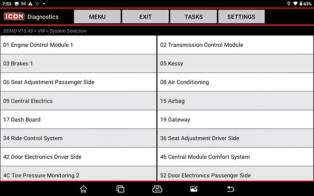 Under "System Selection" is a full list of the vehicle's systems to choose from to perform scans, tests, or special functions.