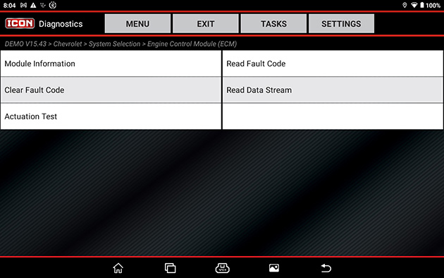 With "Engine" selected, read and clear trouble codes, view and record data streams, perform bi-directional tests and special functions.