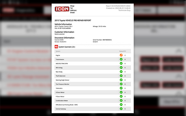 The technician can either wirelessly print the report directly from the device to a shop printer or email as a PDF.