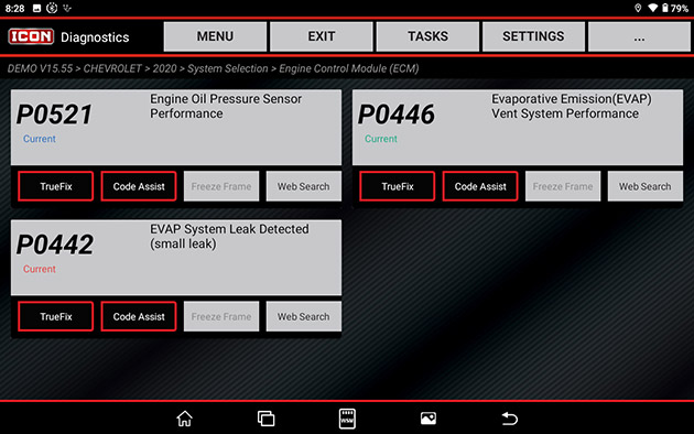 View trouble codes and descriptions as well as save, view repair info and Code Assist.