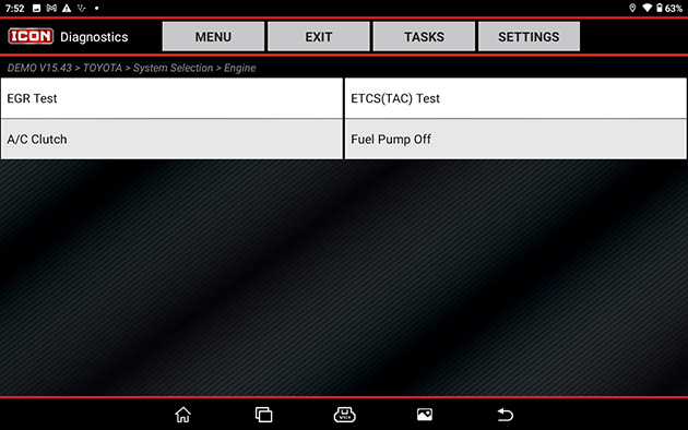 With selecting "Actuation Test" the tablet can perform multiple bi-directional tests depending on which vehicle system is selected.