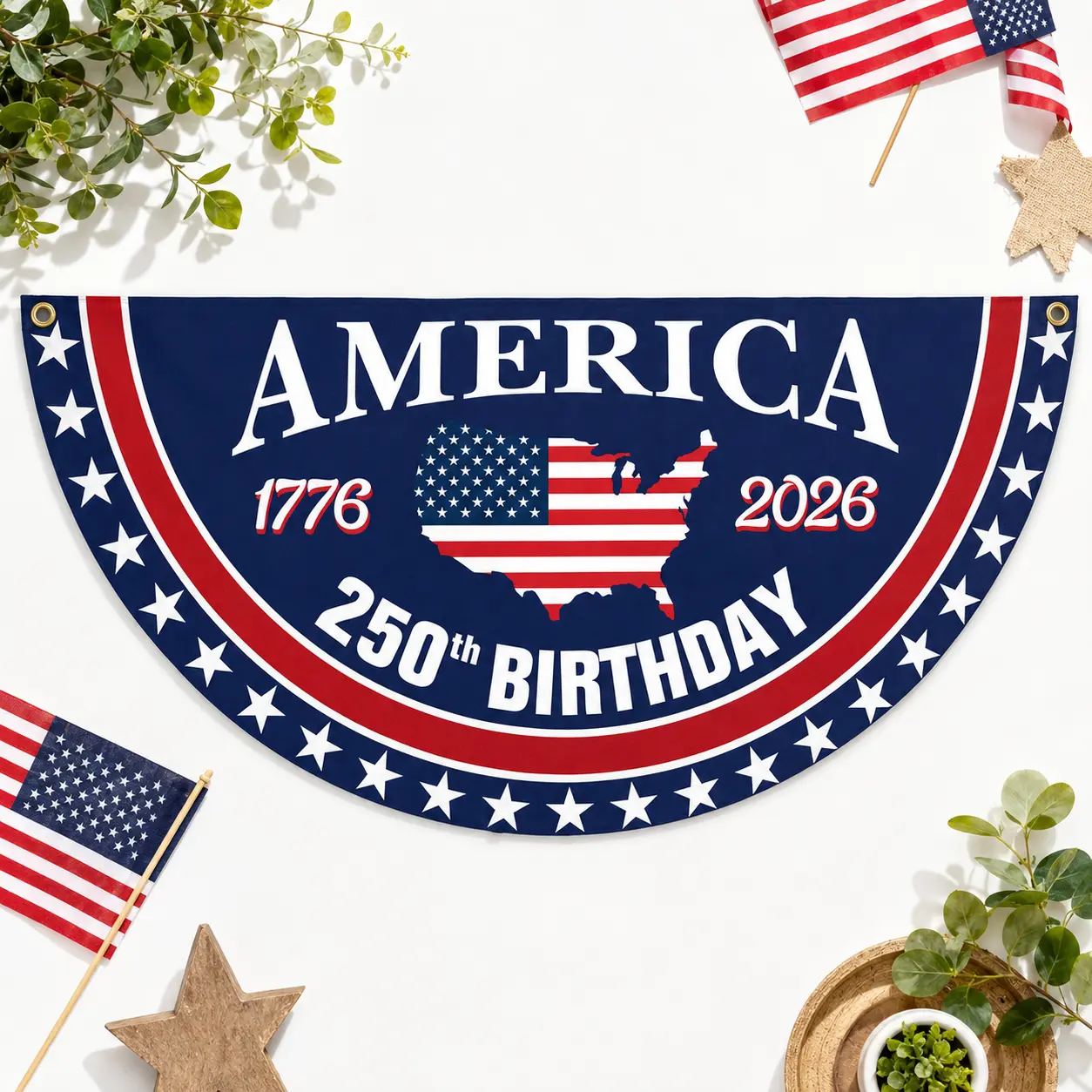 America 250th Birthday Bunting Flag, 1776 2026 USA Patriotic Half Circle Banner