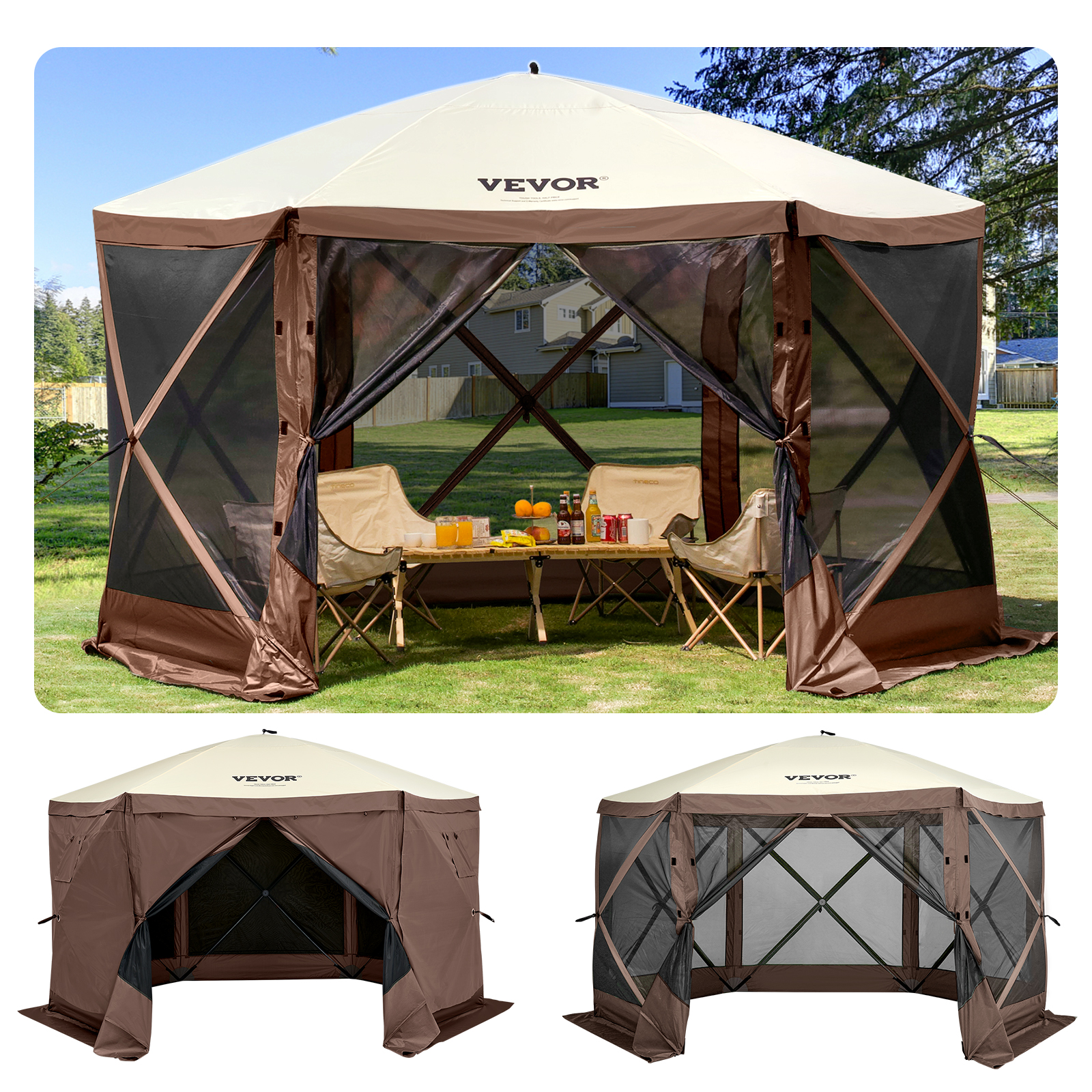 VEVOR camping gazebo with a sofa set, chairs, and table on green lawn near a resort building.