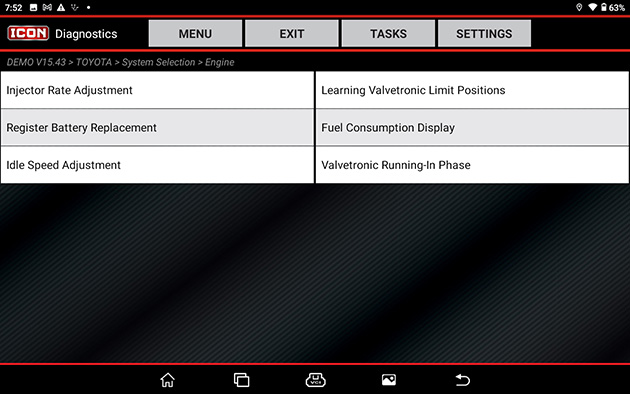 Inside "Special Functions" the tablet can view and perform coding functions, calibrations, adjustments, resets and re-learns depending on the specific vehicle systems selections.