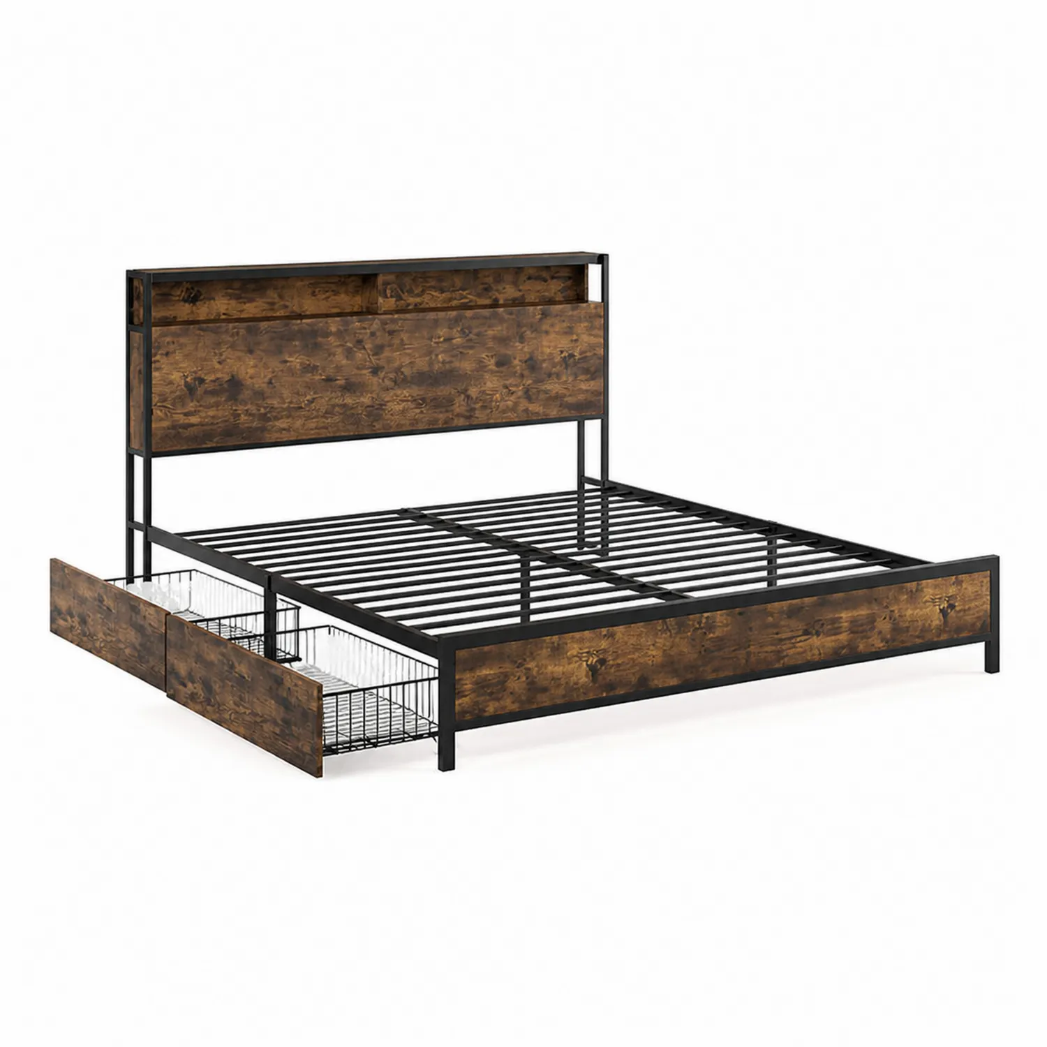 Lit double en bois et métal avec tiroirs de rangement 200x160 cm-Mavtrivaris