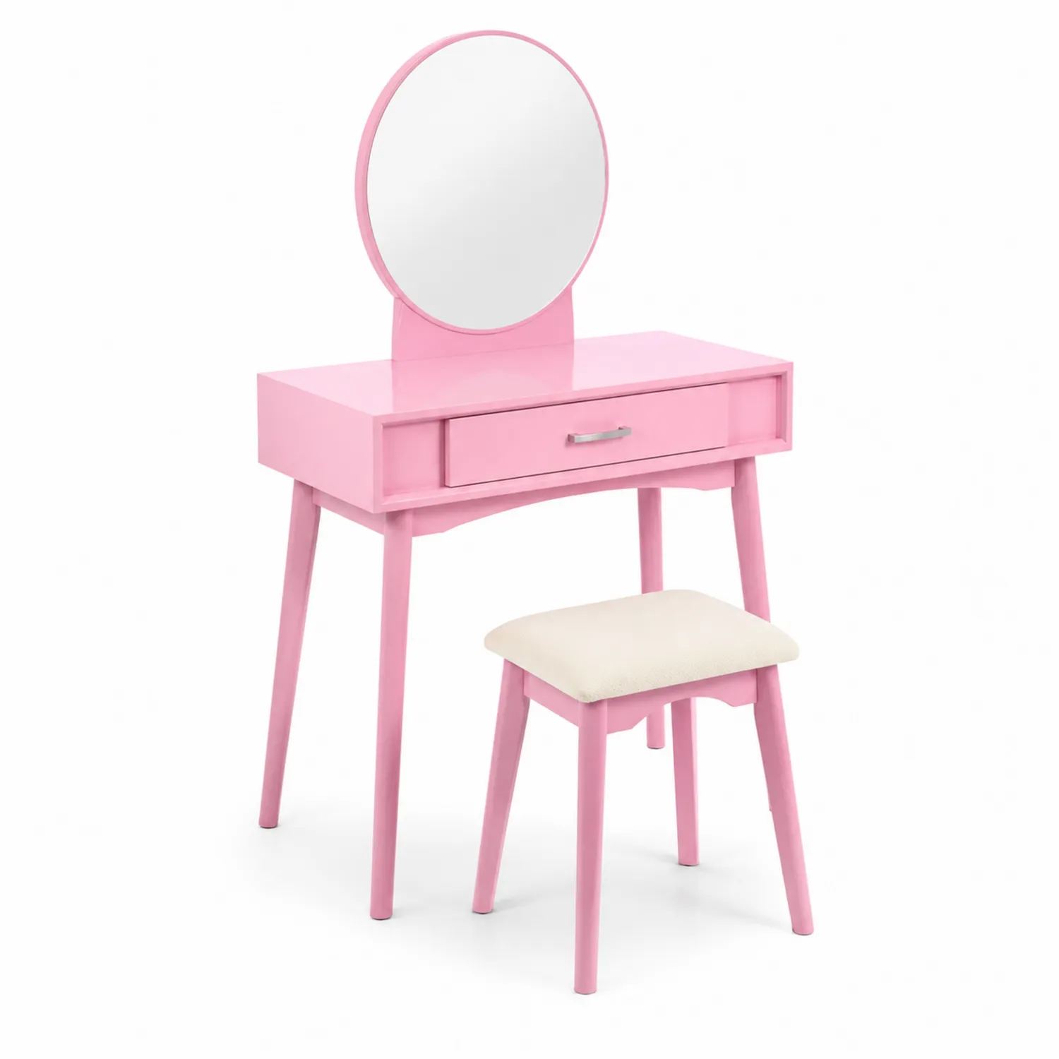 Coiffeuse en Bois avec Miroir Rond et Tabouret, Rose-Mavtrivaris