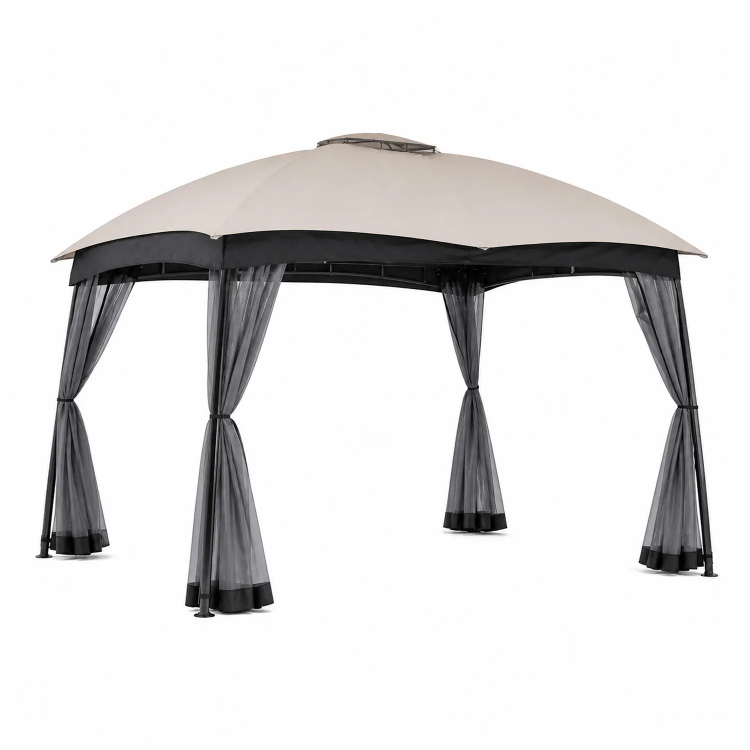 Tonnelle de Jardin Hexagonale en Acier avec Rideaux en Maille Beige et Noir-Mavtrivaris
