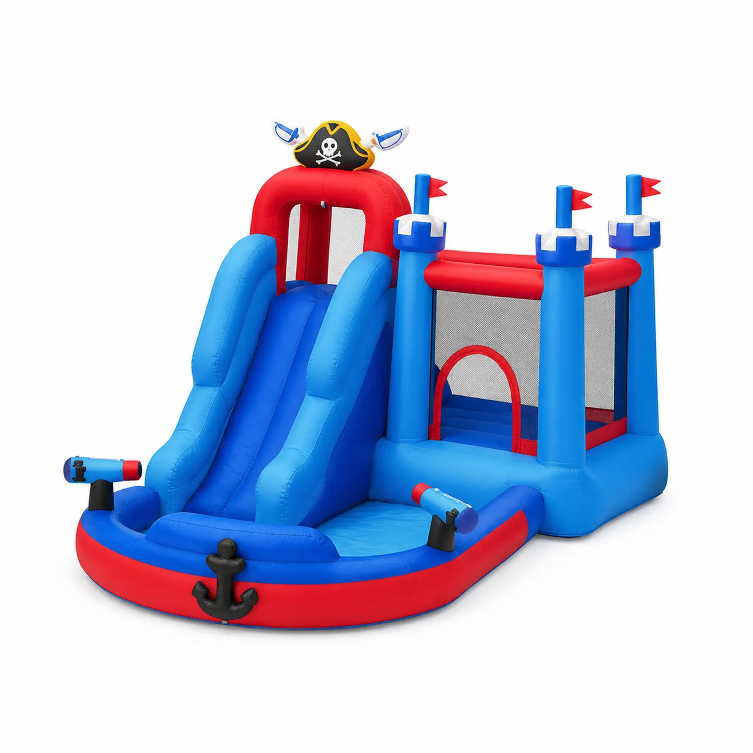 Château Gonflable Pirate en PVC Bleu et Rouge avec Toboggan-Mavtrivaris