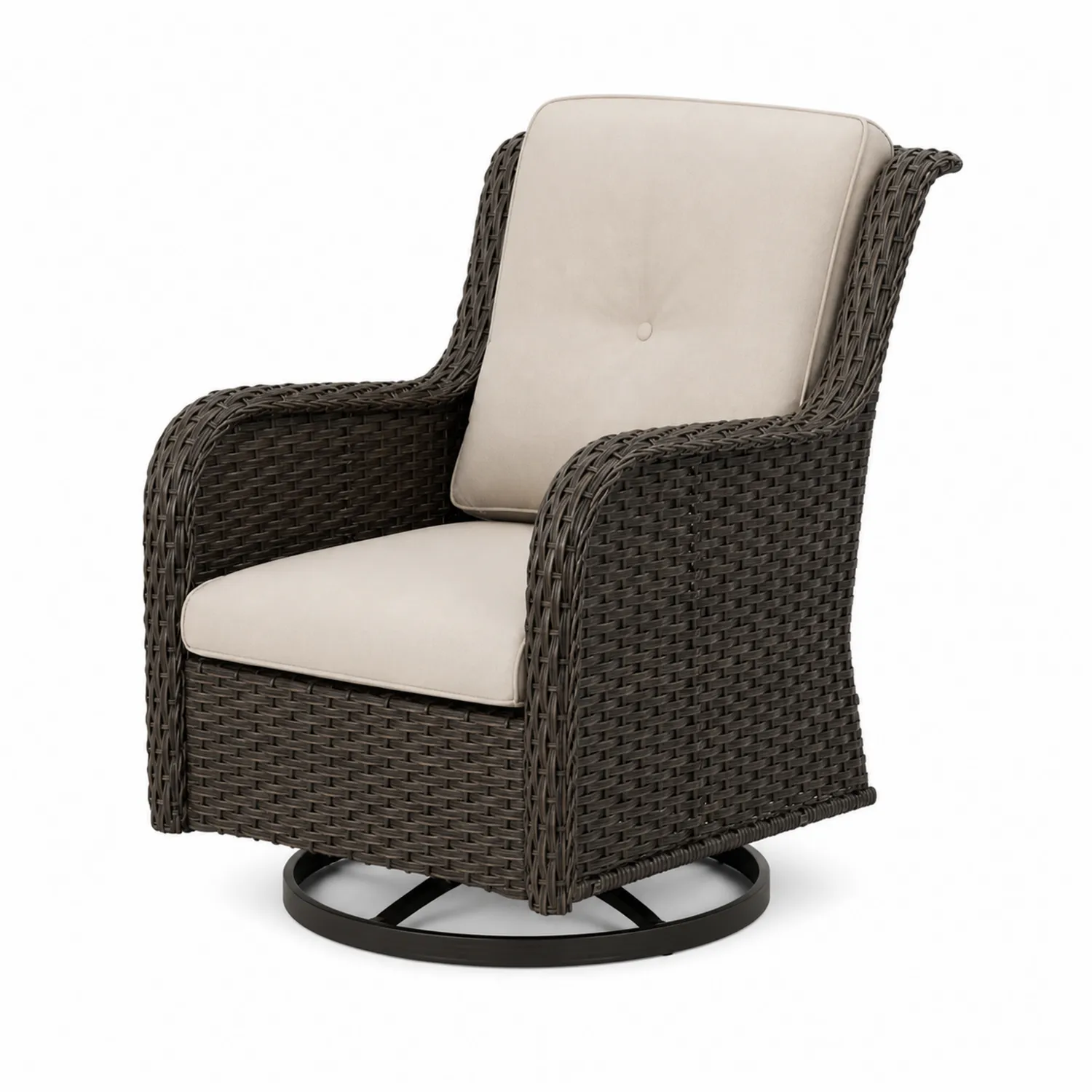 Fauteuil pivotant en résine marron avec coussin beige-Mavtrivaris